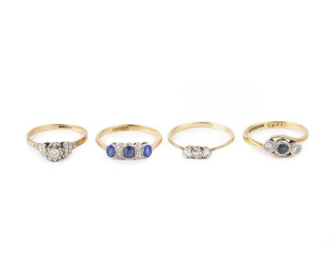 A collection of diamond set dress rings, comprising a diamond three stone ring, stamped '18CT', a diamond single stone ring, 