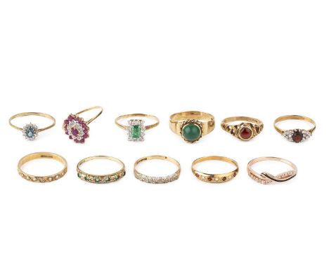 A collection of dress rings, to include a ruby and diamond navette-shaped cluster ring, 9ct gold mounted, two diamond half ho