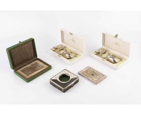 A silver mounted watch holder, engraved with swags of flowers, by Synyer & Beddoes, Birmingham 1921, two Norwegian silver cru