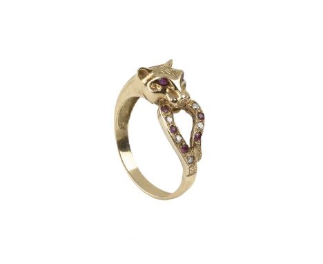 A gem set leopard ring, with part-textured decoration, his head highlighted with circular-cut ruby eyes, his tail with altern