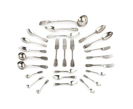 A matched service of 19th century silver fiddle pattern flatware, comprising a soup ladle, pair of sauce ladles, 6 table spoo