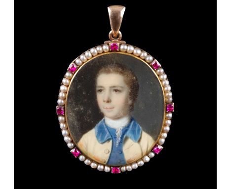 A late 18th/early 19th century ivory and gem set portrait miniature clasp/pendant, the oval ivory miniature painted to depict
