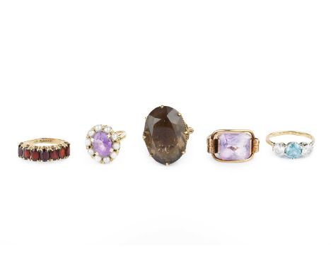 A smoky quartz single stone ring, 9ct gold mounted, together with an amethyst and half pearl cluster ring, 9ct gold mounted, 