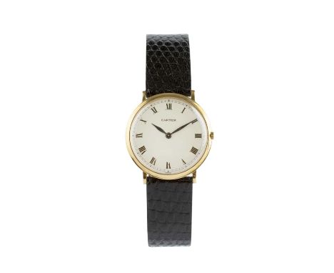 A wristwatch retailed by Cartier, the circular white dial with Roman numerals, outer minute divisions and blued steel hands, 