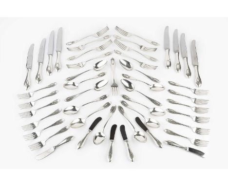 A service of American silver flatware, of laurel wreath design, comprising 8 table forks, 12 dessert spoons, and 12 dessert f