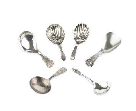 A George III silver caddy spoon, with scalloped bowl, by Elizabeth Morley, London 1800, 8cm, another similar with bright-cut 
