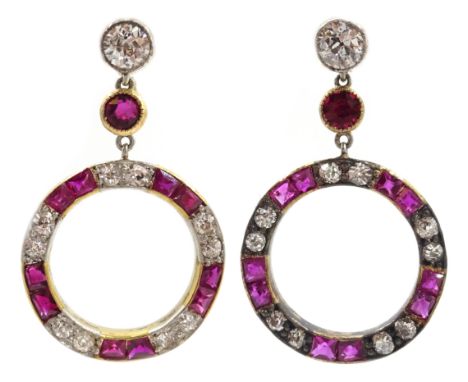 Pair of 15ct ruby and diamond circular pendant ear-rings Condition Report Pendant length = 2.7cmClick here for further images