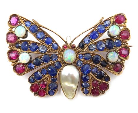 Butterfly brooch set with opal, pearl, sapphires and rubies Condition Report Approx 18gm, brooch 5.5cm x 4cmClick here for fu