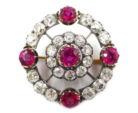 Ruby and diamond circular brooch with cluster centre, rubies approx 3.4 carat, diamonds approx 4.8 carat Condition Report Dia