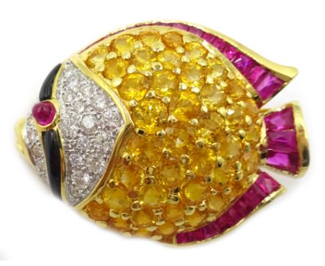 18ct gold enamel fish brooch set with yellow and white diamonds and rubies Condition Report Gold tested 18ct, approx 6.2gm, l