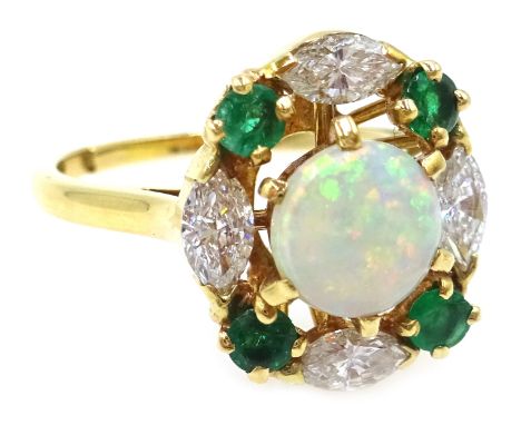 18ct gold opal, emerald and marquise diamond cluster ring Condition Report Gold tested 18ct, approx 5.4gm, size O-P, cluster 