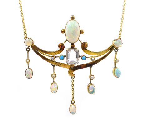 Opal, aquamarine, turquoise and seed pearl gold necklace, the central  largest opal approx 2.3 carat Condition Report Length 