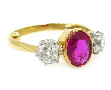 Burmese ruby and diamond three stone gold ring, ruby approx 1.1 carat Condition Report Size NClick here for further images, c