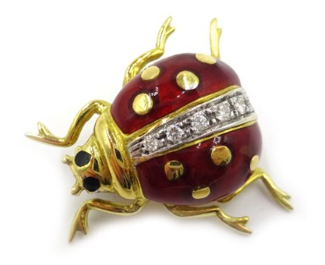 Diamond and red enamel 18ct gold ladybird brooch, stamped 750 Condition Report Approx 6.1gm, 2.2cmClick here for further imag
