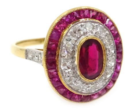 Art Deco style gold ruby and diamond oval ring, with diamond shoulders, stamped 18K Condition Report Approx 3.4gm, size P-Q, 