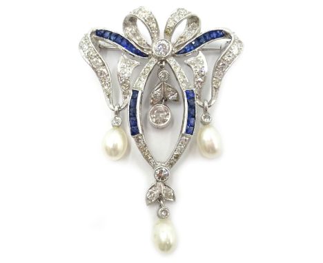 Diamond, sapphire and pearl white gold bow brooch, stamped 18K Condition Report Length = 5cmClick here for further images, co