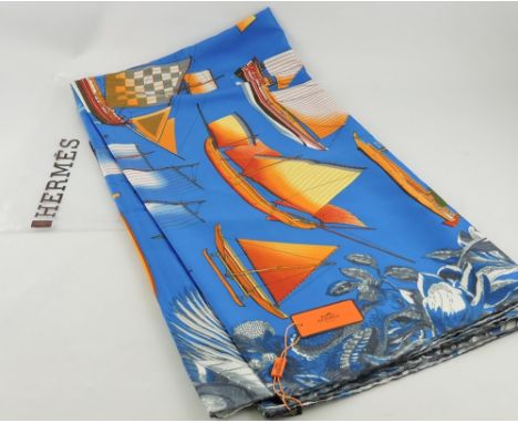 An Hermes 'Tous Les Bateaux du Monde', silk scarf, blue and gold colourway.