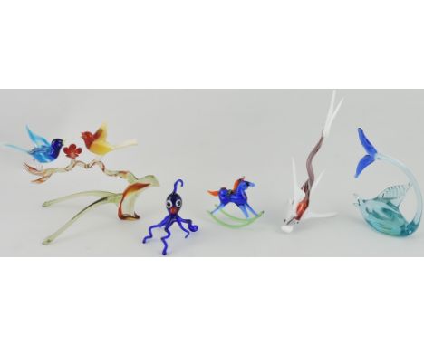 A collection of glass animals including birds on a branch, octopus and rocking horse. (5)