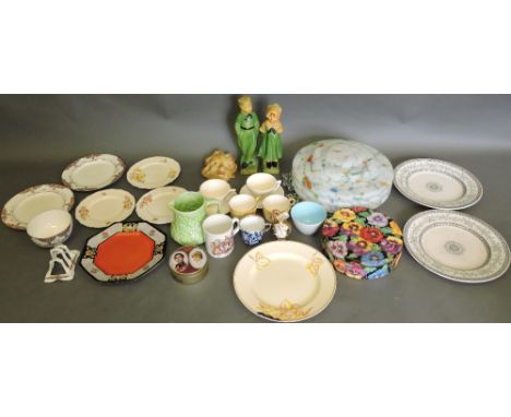 A small quantity of sundry ceramics including an Art Deco ceiling light shade, a wall mask, two Dutch figures and a small qua