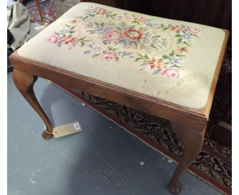 Stool with floral embroidered seat, together with a mahogany magazine rack