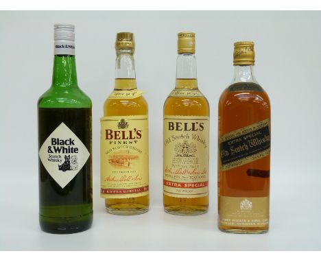Four bottles of whisky comprising two bottles of Bells Finest Scotch whisky, 70cl and 75cl 40% vol, a bottle of Johnnie Walke