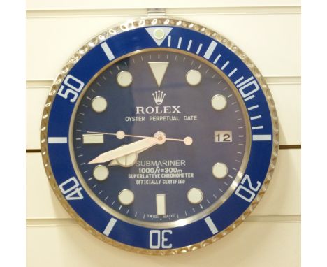 Rolex Oyster Perpetual Date Submariner Superlative Chronometer shop display / advertising wall clock in blue