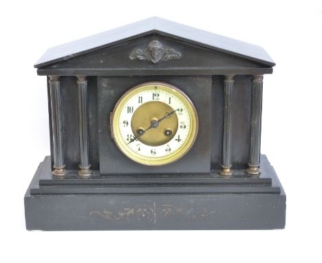 Japy Freres late 19thC slate mantel clock, ivory coloured Arabic enamelled chapter ring, beetle hands, gilt bezel, the two tr