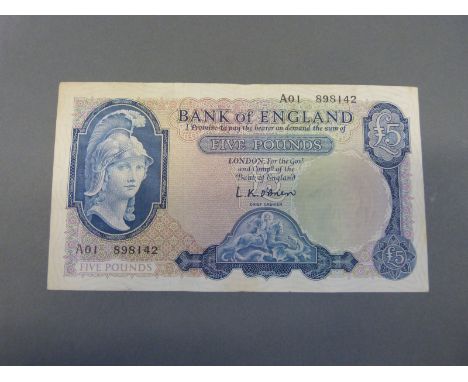 Bank of England £5 note AOI 1957 B277 first run