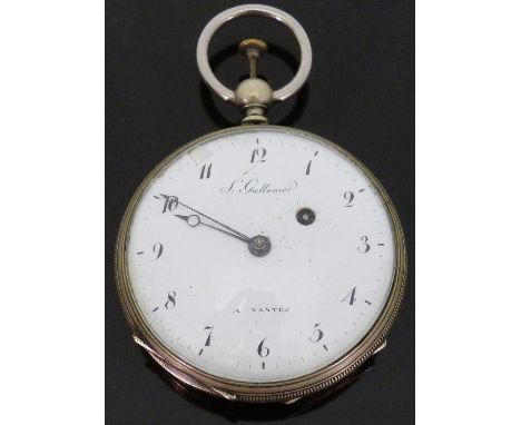 S Gallonier of Nantes silver gentleman's open faced repeater pocket watch with signed Arabic dial, black hands, engraved case