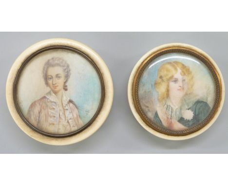 Two late 19th/early 20thC ivory lidded boxes, with portrait miniatures of a boy with sash and a man in 18thC costume, both si