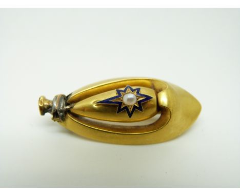 A Victorian brooch set with a pearl in a star shaped blue enamel border