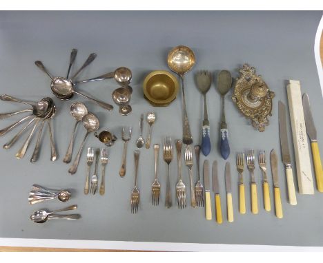 Wedgwood Jasperware plated salad servers, plated cutlery including rat tail pattern, set of soup spoons, brass inkwell etc