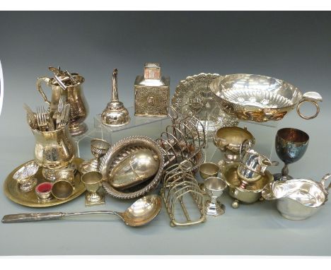 A collection of silver plate including Mappin & Webb, tea caddy, cutlery, toast rack etc