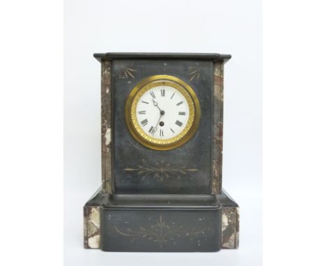 A 19thC marble and slate mantel clock with single train unnamed movement, the white enamelled Roman dial with gilt surround a