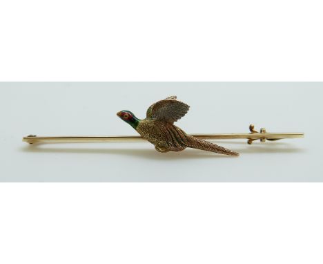 A Victorian tie pin/ brooch set in the form of a pheasant set with enamel, 5.9cm