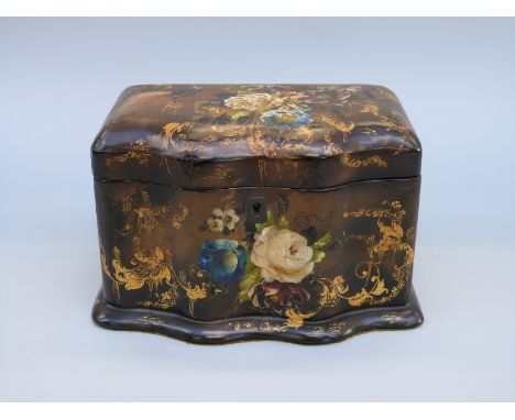 A 19thC lacquer two-division tea caddy with flower and bird decoration, probably by Betteridge, H12 x L18 x D11.5cm