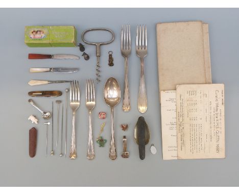 Hallmarked silver cutlery with English and continental marks, a corkscrew, hat pins, badges, Cunard White Star Queen Mary mai