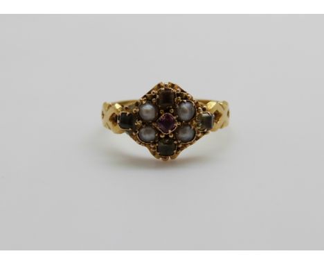 A Victorian 18ct gold ring set with seed pearls, a ruby and quartz, 1.9g, size K  