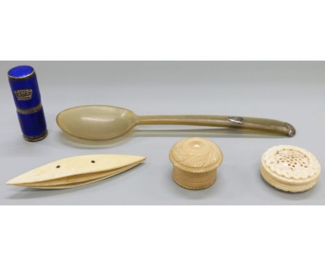 An enamel lipstick holder, ivory bobbin, horn spoon etc 