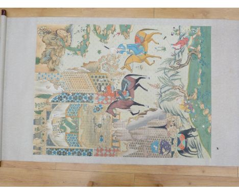 A late 19th/20thC Chinese scroll painting, probably depicting Genghis Khan, signed verso