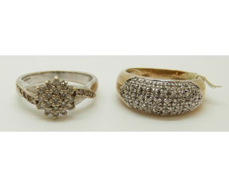 A 9ct white gold ring set with diamonds in a cluster and a 9ct gold ring set with diamonds, total diamond weight approximatel