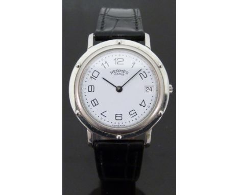 Hermes Clipper stainless steel gentleman's wristwatch with date aperture, black hands and Arabic numerals and white face, on 