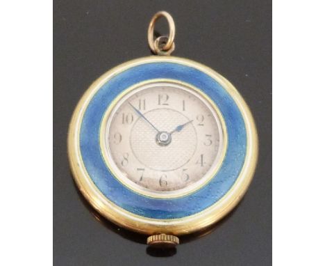 18ct gold pendant watch with blued hands, Arabic numerals, silvered face and blue guilloché enamel bezel, case diameter 28mm,