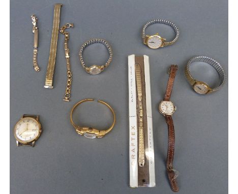 Six ladies and gentlemen's wristwatches including Avia 9ct gold, Timex etc together with various watch straps, one in origina