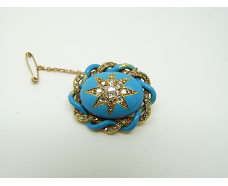 A Victorian brooch, the blue enamel ground set with old cut diamonds in a star setting, within a plaited diamond set border, 
