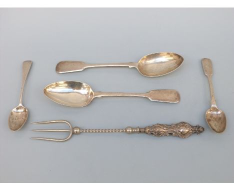 A pair of Victorian Fiddle pattern hallmarked silver table spoons, London 1861 maker The Portland Co. and two further 19thC t