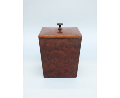 An oak tea caddy with amboyna or similar burr wood veneer, H16cm 