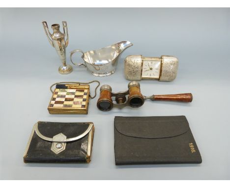 Opera glasses, vintage leather purse, combined compact/lipstick holder, plated ware etc