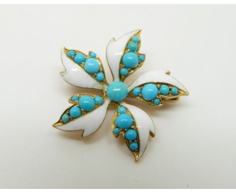 A late 19th/ early 20thC brooch/ pendant set with white enamel and turquoise in a flower design, 2.8cm