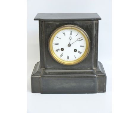 A slate mantel clock with Japy Freres two train movement, Roman enamel dial with Breguet style hands, and gilt bezel. 315 to 